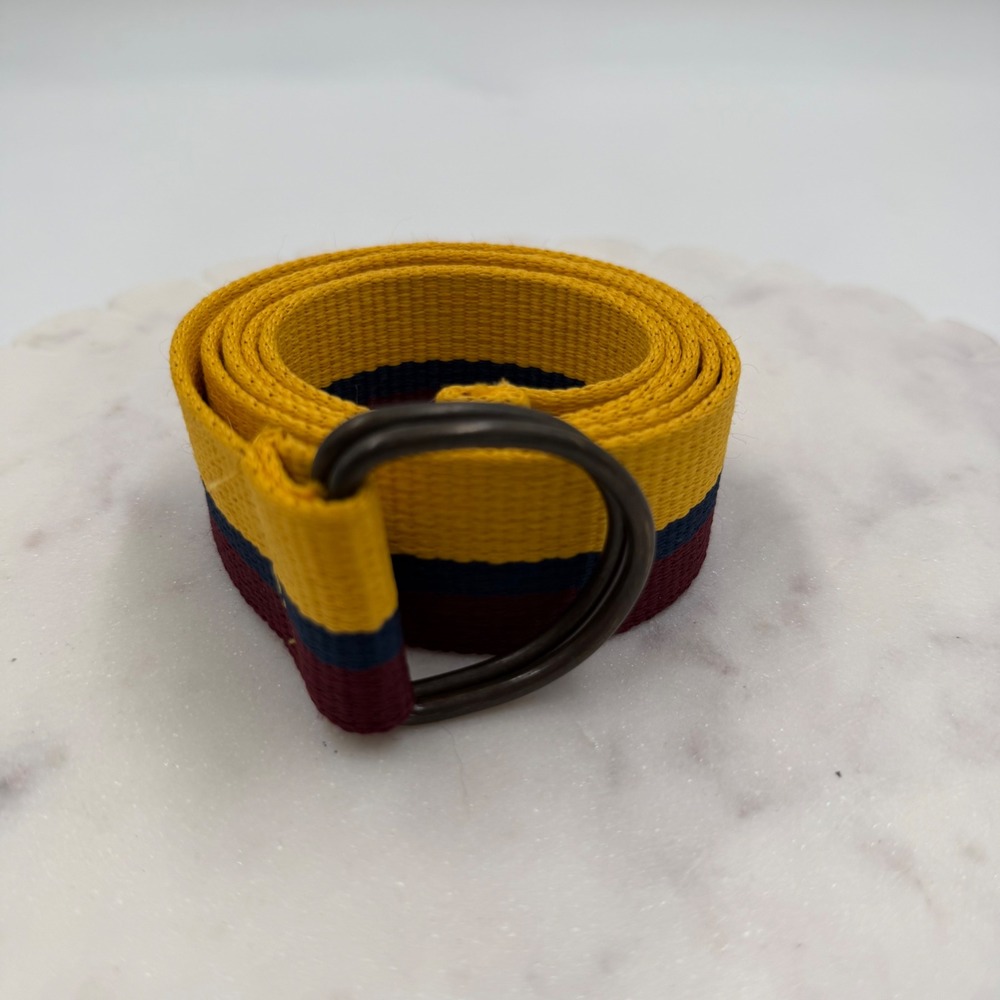 Kohls Mens Striped Webbing D-Ring Belt Yellow Blue Burgundy 34x32 Adjustable